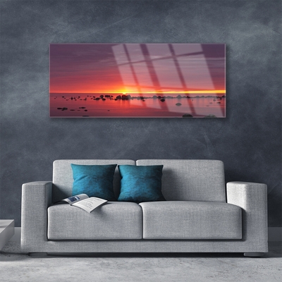 Glass Wall Art Sea sun landscape yellow grey