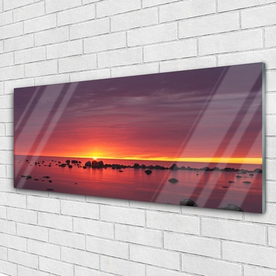 Glass Wall Art Sea sun landscape yellow grey