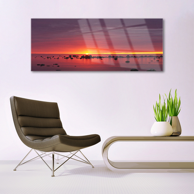 Glass Wall Art Sea sun landscape yellow grey