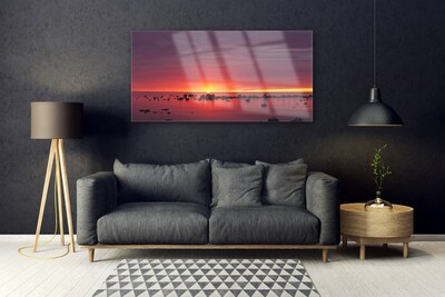 Glass Wall Art Sea sun landscape yellow grey