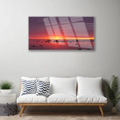 Glass Wall Art Sea sun landscape yellow grey