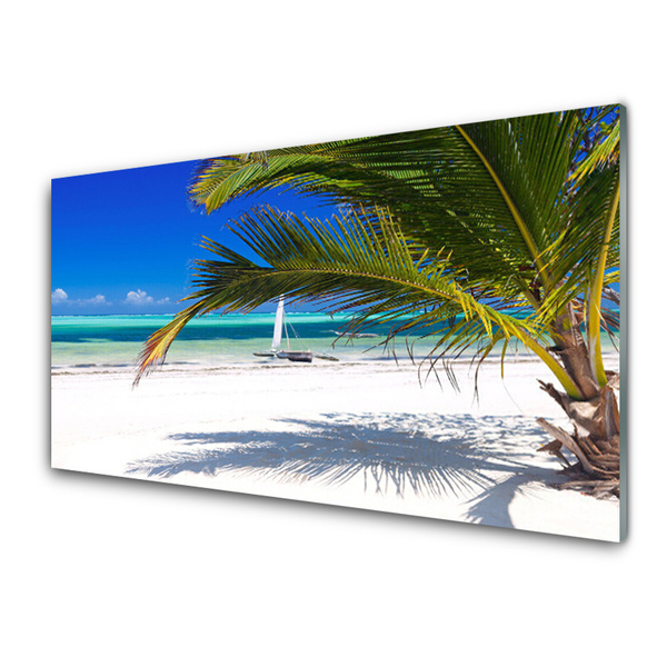 Glass Wall Art Beach palm landscape white brown green