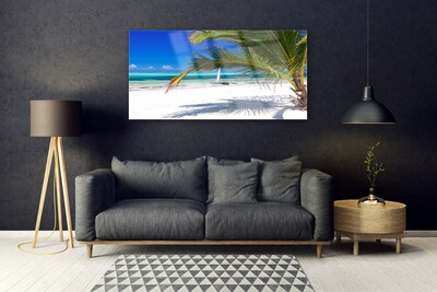 Glass Wall Art Beach palm landscape white brown green