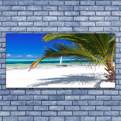 Glass Wall Art Beach palm landscape white brown green