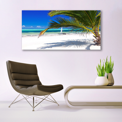 Glass Wall Art Beach palm landscape white brown green