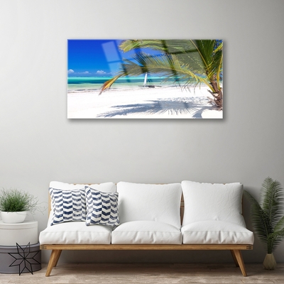 Glass Wall Art Beach palm landscape white brown green