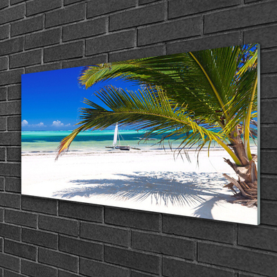 Glass Wall Art Beach palm landscape white brown green