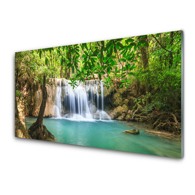 Glass Wall Art Waterfall lake forest nature brown green blue white