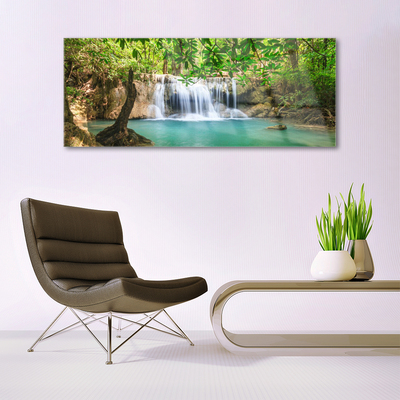 Glass Wall Art Waterfall lake forest nature brown green blue white