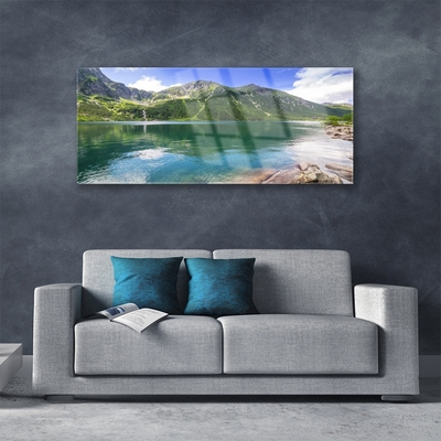 Glass Wall Art Mountain lake landscape grey green blue