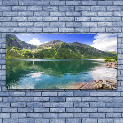 Glass Wall Art Mountain lake landscape grey green blue