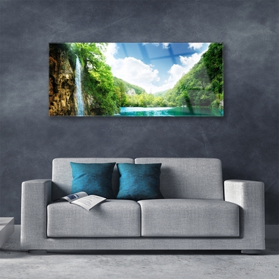 Glass Wall Art Mountain forest lake nature brown green blue