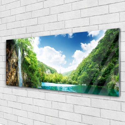 Glass Wall Art Mountain forest lake nature brown green blue