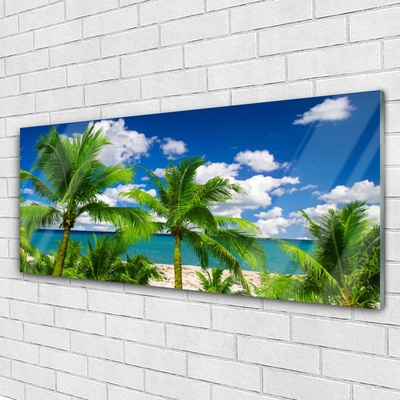 Glass Wall Art Sea palm trees landscape green blue