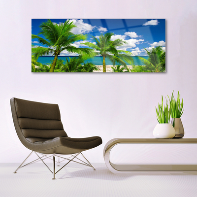 Glass Wall Art Sea palm trees landscape green blue