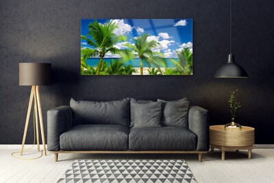 Glass Wall Art Sea palm trees landscape green blue