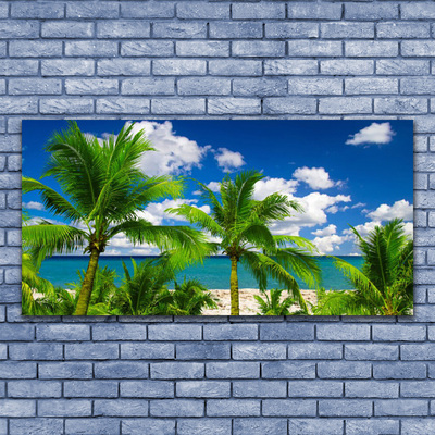 Glass Wall Art Sea palm trees landscape green blue