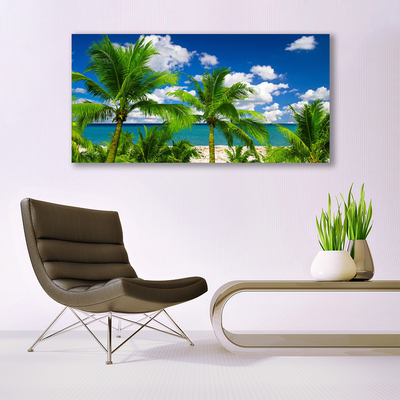 Glass Wall Art Sea palm trees landscape green blue