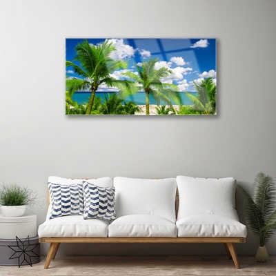 Glass Wall Art Sea palm trees landscape green blue