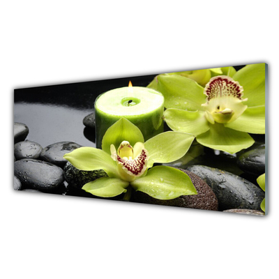 Glass Wall Art Flower stones floral green black