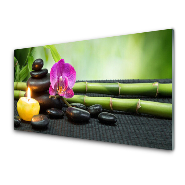 Glass Wall Art Bamboo flower stones candle art green pink black yellow