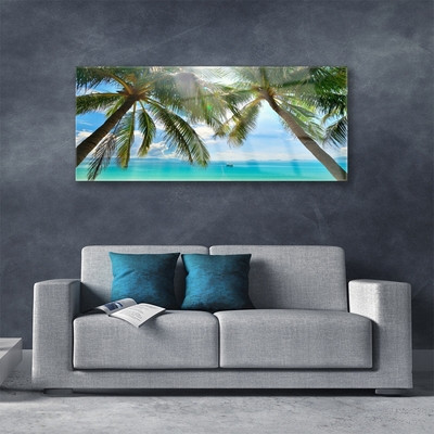 Glass Wall Art Palm tree sea landscape brown green blue