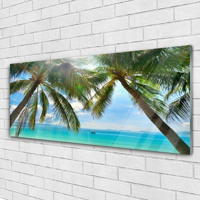 Glass Wall Art Palm tree sea landscape brown green blue