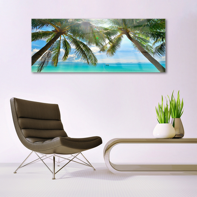 Glass Wall Art Palm tree sea landscape brown green blue