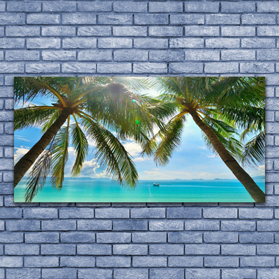 Glass Wall Art Palm tree sea landscape brown green blue