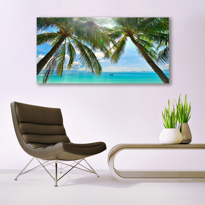 Glass Wall Art Palm tree sea landscape brown green blue