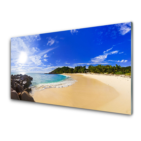 Glass Wall Art Sun sea beach landscape yellow blue brown