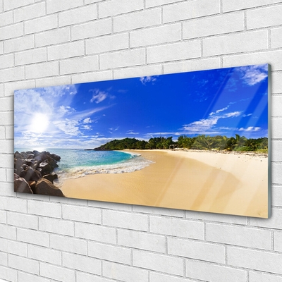 Glass Wall Art Sun sea beach landscape yellow blue brown