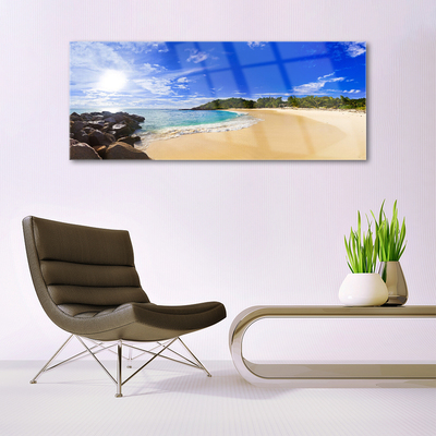 Glass Wall Art Sun sea beach landscape yellow blue brown