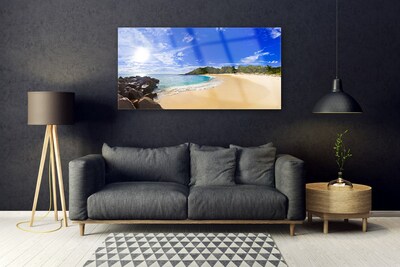 Glass Wall Art Sun sea beach landscape yellow blue brown