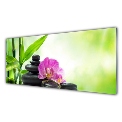 Glass Wall Art Bamboo tube flower stones floral green black pink