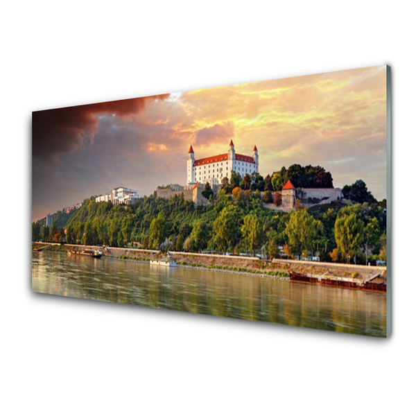 Glass Wall Art City lake landscape white brown green