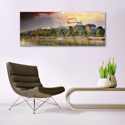 Glass Wall Art City lake landscape white brown green