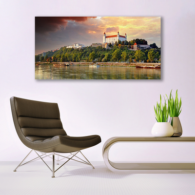 Glass Wall Art City lake landscape white brown green