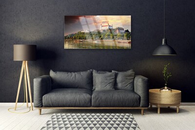 Glass Wall Art City lake landscape white brown green