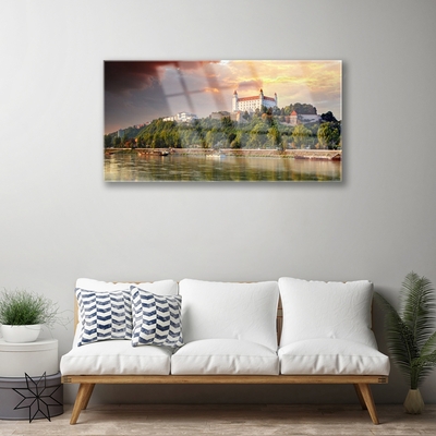 Glass Wall Art City lake landscape white brown green