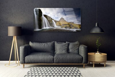 Glass Wall Art Waterfall mountains landscape grey white