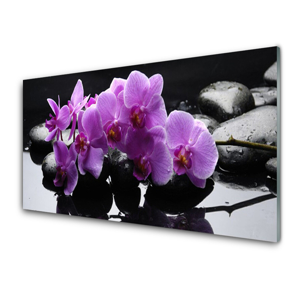 Glass Wall Art Flower stones floral pink black