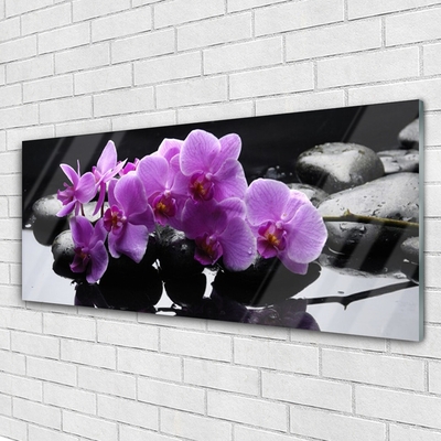 Glass Wall Art Flower stones floral pink black