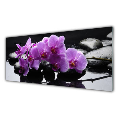 Glass Wall Art Flower stones floral pink black