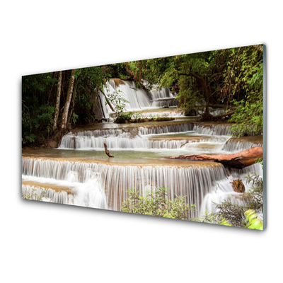 Glass Wall Art Waterfall forest nature white brown green