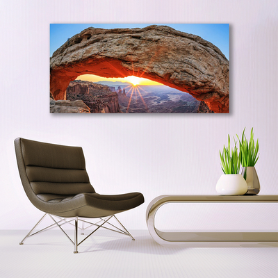 Glass Wall Art Rock sun landscape grey orange yellow