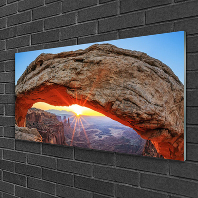 Glass Wall Art Rock sun landscape grey orange yellow