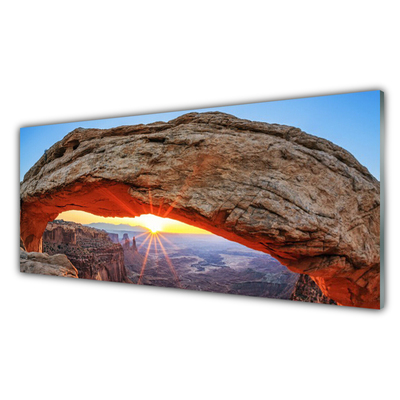 Glass Wall Art Rock sun landscape grey orange yellow