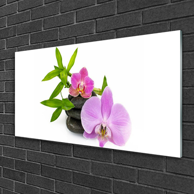 Glass Wall Art Flower stones floral pink black