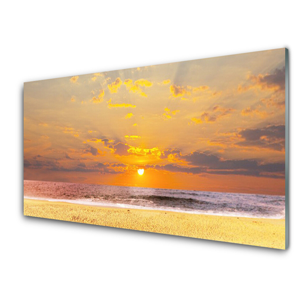 Glass Wall Art Sea beach sun landscape blue yellow brown